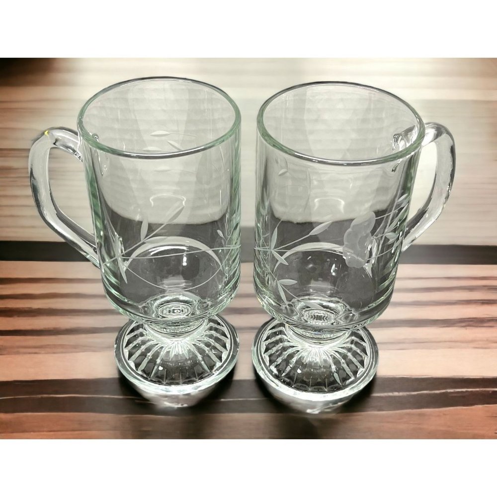 Princess House Pedestal Mugs Etched Glass Coffee Cups with Handles Set of 2